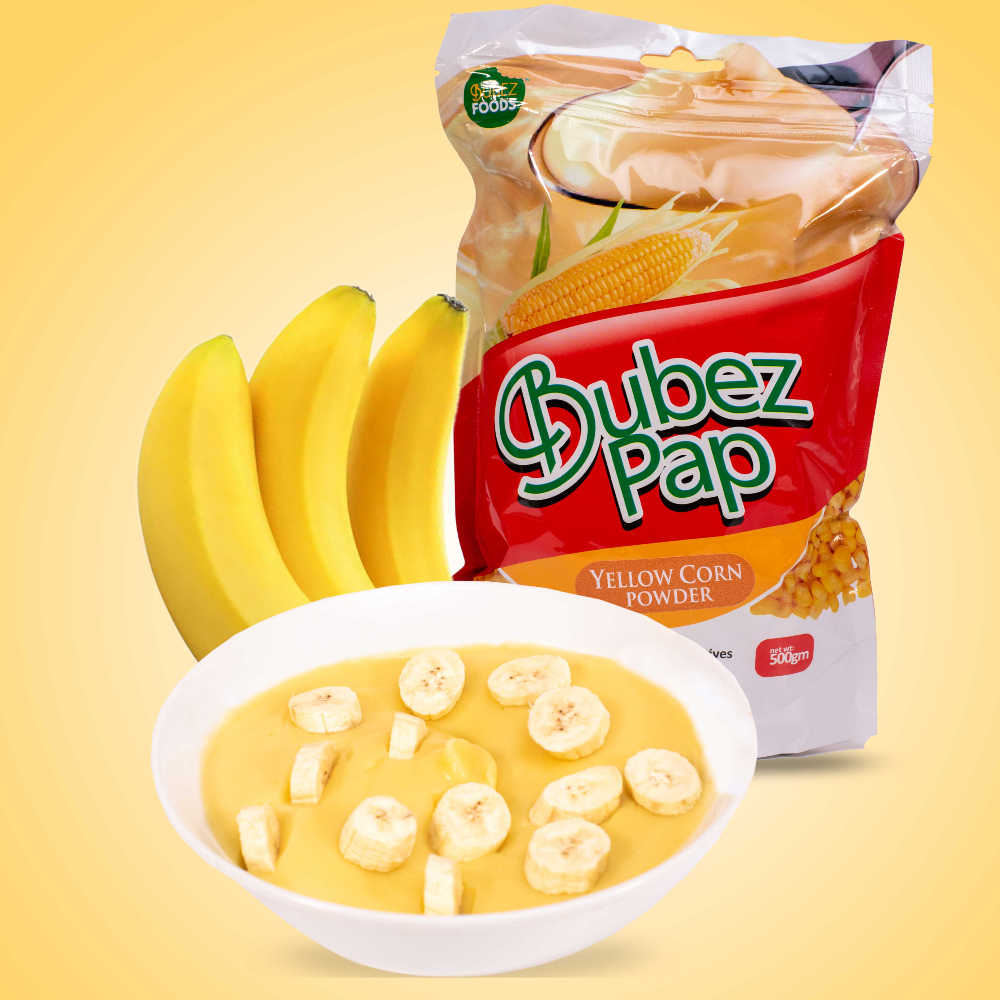 Bowl of Bubez Pap with whole bananas
